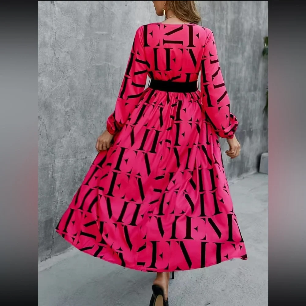 Letter Print Split Thigh Belted, Elegant V Neck High Waist Pleated Maxi Dress - Picture 8 of 11